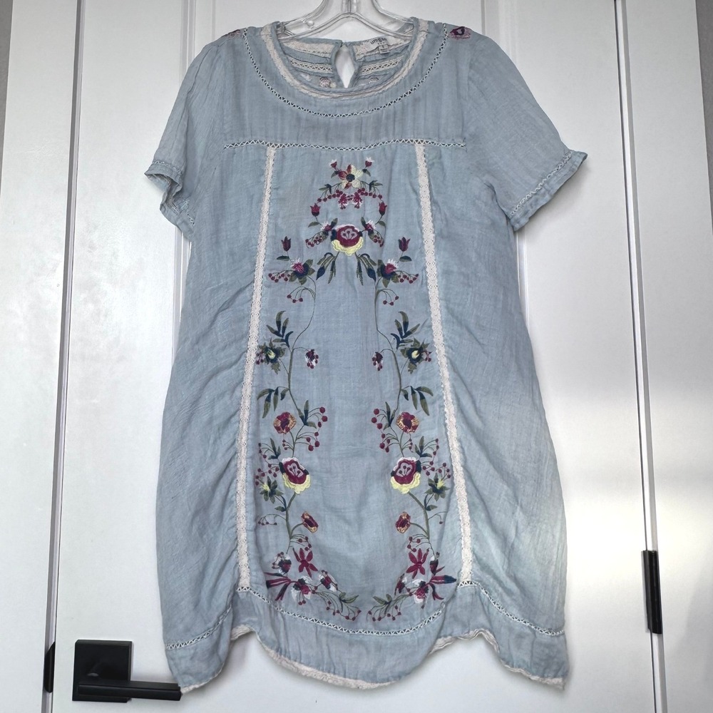 Umgee Blue Floral Embroidered Gauze Boho Mini Dress S A2818 Crochet‎ Lace Trim